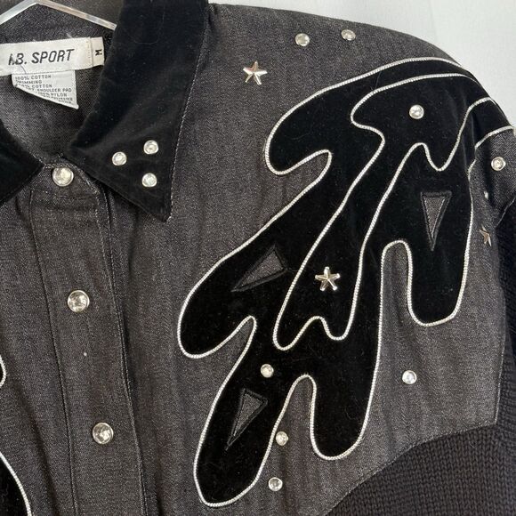 Vintage I.B. Sport 90s Ribbed Denim Embellished Western Style Pullover Top Sz M - Picture 3 of 6